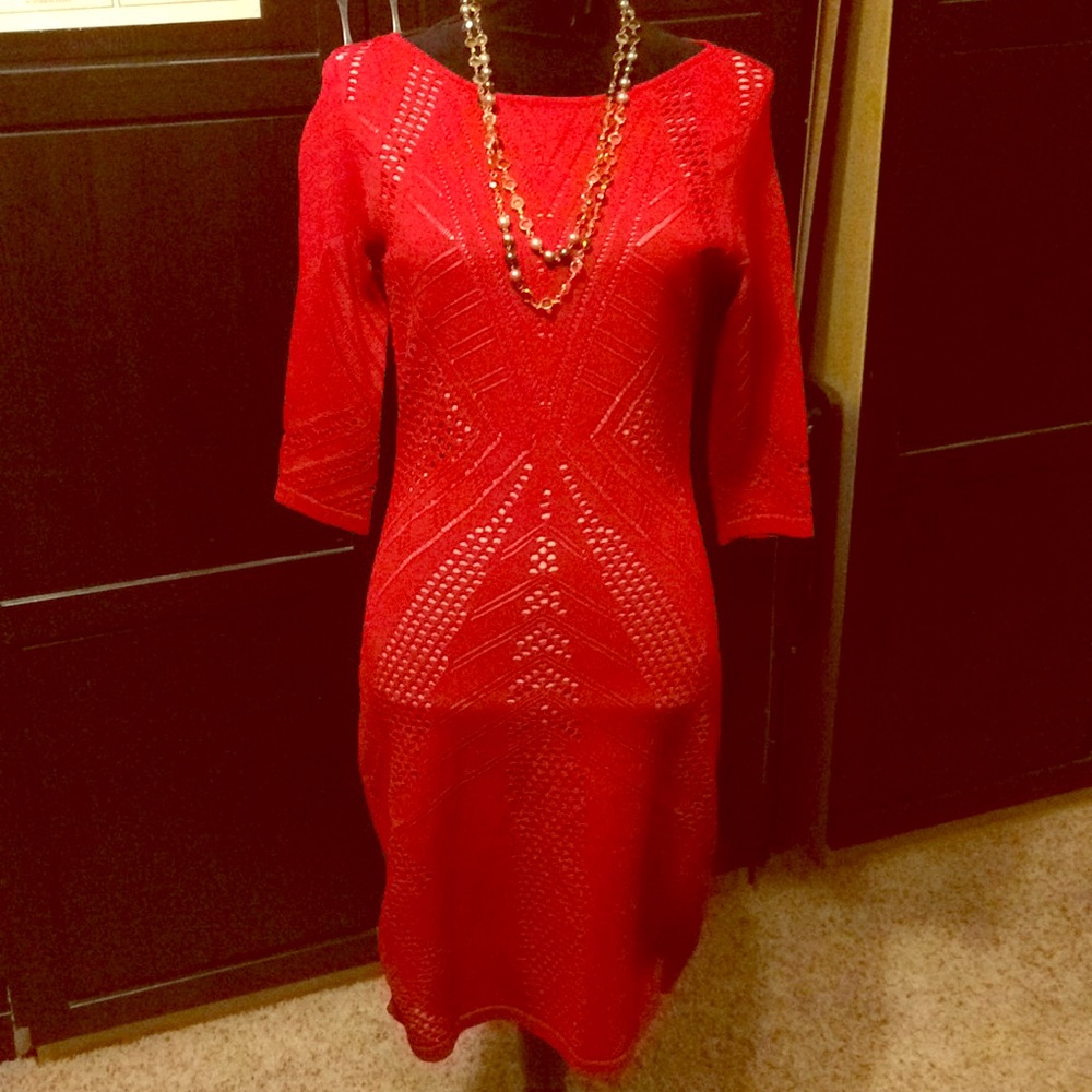 Sexy red Calvin Klein body forming midi dress.